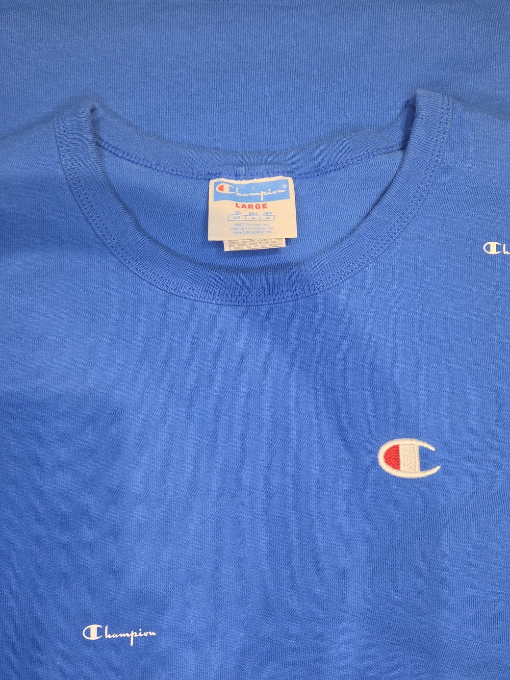 Champion Size L Large Blue Logo Tee 100% Cotton